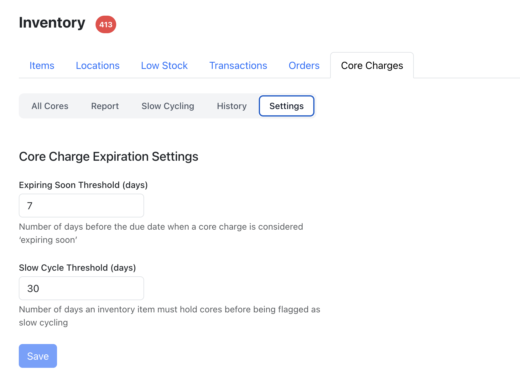 Core Charge Settings